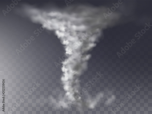 Vector 3d realistic tornado, grey hurricane isolated on transparent background. Wind cyclone, twisted vortex, natural phenomenon - the reason of destruction, catastrophe.