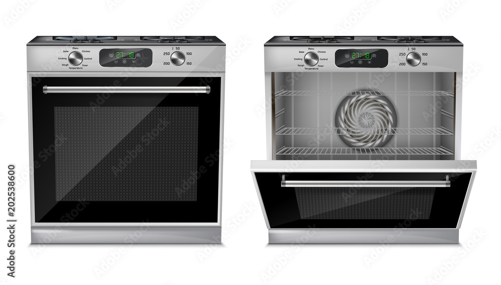 Vector 3d realistic compact oven, gas stove with open and close door isolated on white background. Household appliance with digital display, burners, timer, cooking programs, grill and fan inside Vector 3d realistic compact oven, gas stove with open and close door isolated on white background. Household appliance with digital display, burners, timer, cooking programs, grill and fan inside