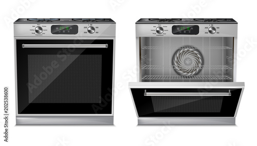 Vector 3d realistic compact oven, gas stove with open and close door isolated on white background. Household appliance with digital display, burners, timer, cooking programs, grill and fan inside