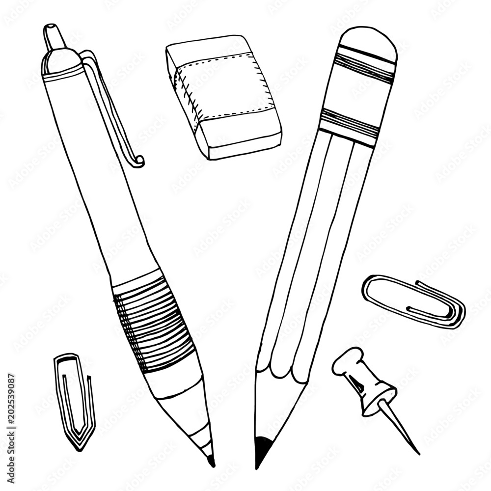 Hand drawn set black and white office Supplies Stationery doodle vector  illustration Stock Vector | Adobe Stock