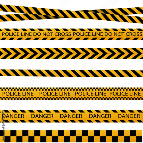 Black and yellow police stripe border, construction, danger caution seamless tapes vector set © YURII