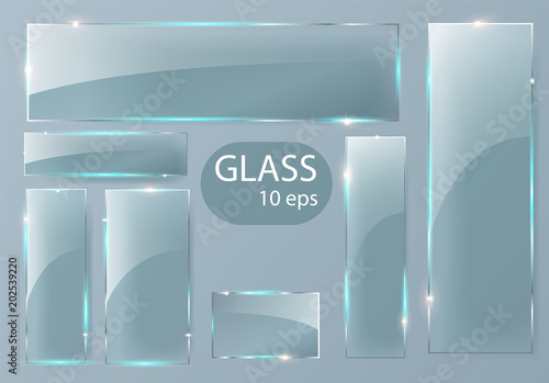 Seth Empty transparent glass plates. Vector template, banner layout with copy space. Photo realistic texture with backlight and glow on transparent.