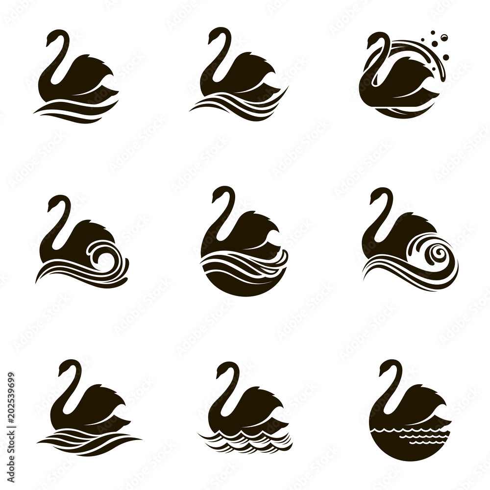 Obraz premium black collection of icons with swans and waves