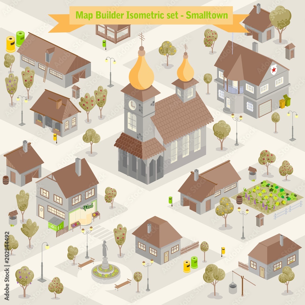 Map builder isometric set in vector format illustration of a small town buildings and houses architecture cartography style