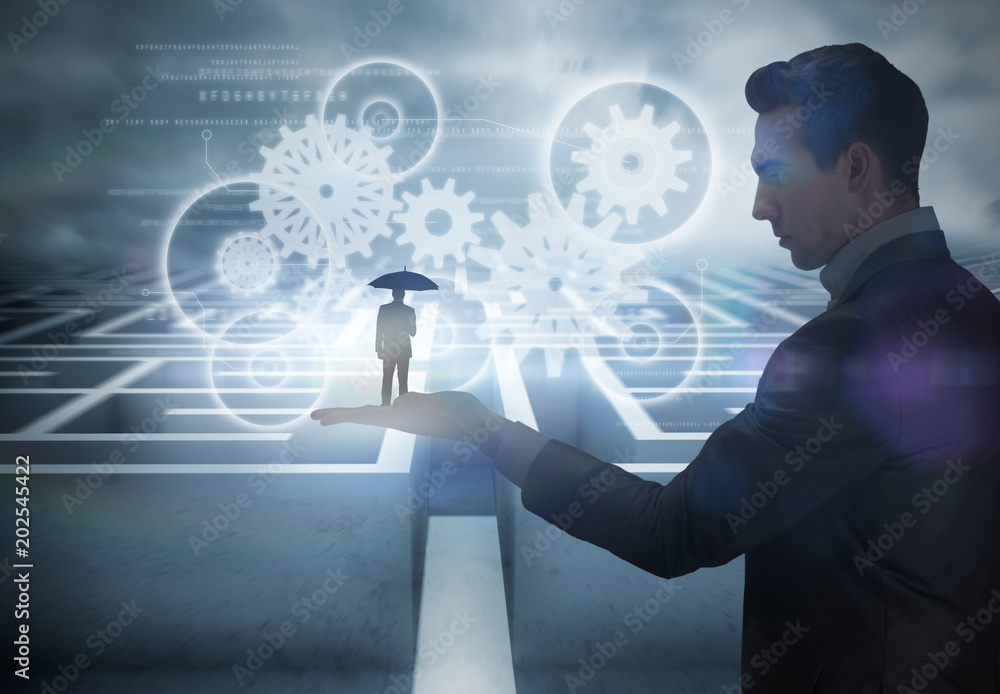 Εκτύπωση καμβά Businessman holding umbrella held by giant businessman against big 3d maze under