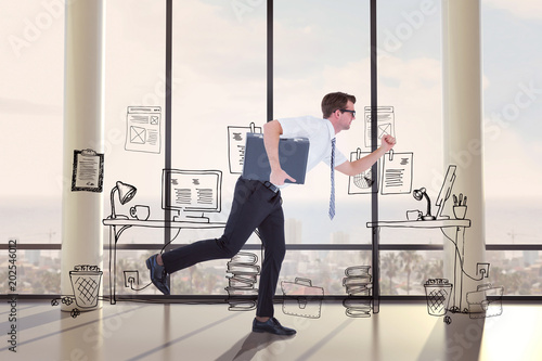 Running businessman against doodle office with beside window