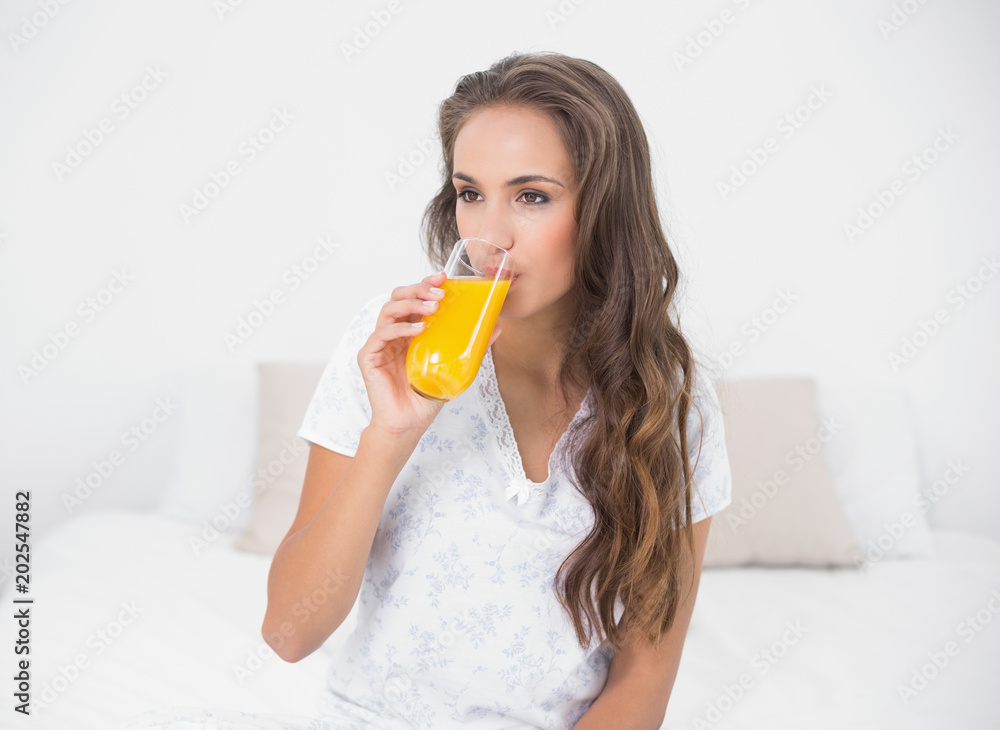 Calm attractive brunette drinking a glass of orange juice Calm attractive brunette drinking a glass of orange juice