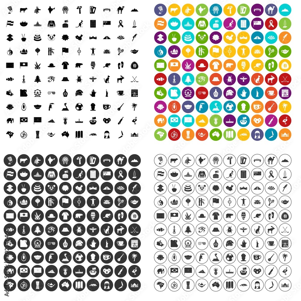 100 landmarks icons set vector in 4 variant for any web design isolated on white