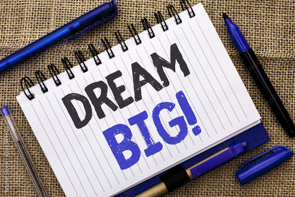 Conceptual hand writing showing Dream Big. Business photo showcasing Motivation Plan Aim Dream Vision Strategy Challenge Idea written on Notebook Book on jute background Pens next to it. Conceptual hand writing showing Dream Big. Business photo showcasing Motivation Plan Aim Dream Vision Strategy Challenge Idea written on Notebook Book on jute background Pens next to it.