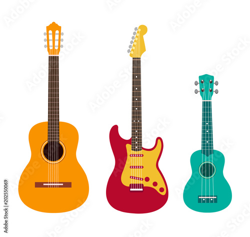 Guitar set. Acoustic guitar, electric guitar and ukulele on white background. String musical instruments. Cute flat cartoon style. Vector illustration