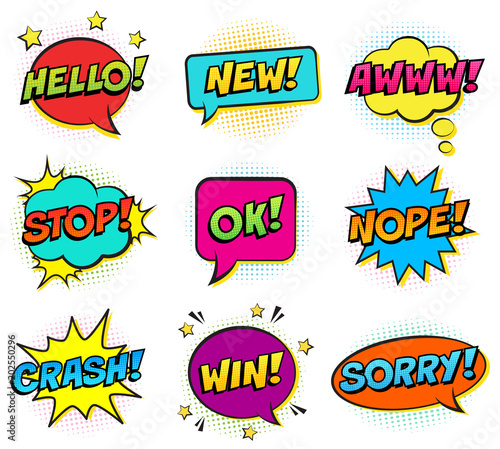 Retro comic colorful speech bubbles set on white background. Expression text HELLO, NEW, AWWW, STOP, OK, NOPE, CRASH, WIN, SORRY. Vector illustration, pop art style.