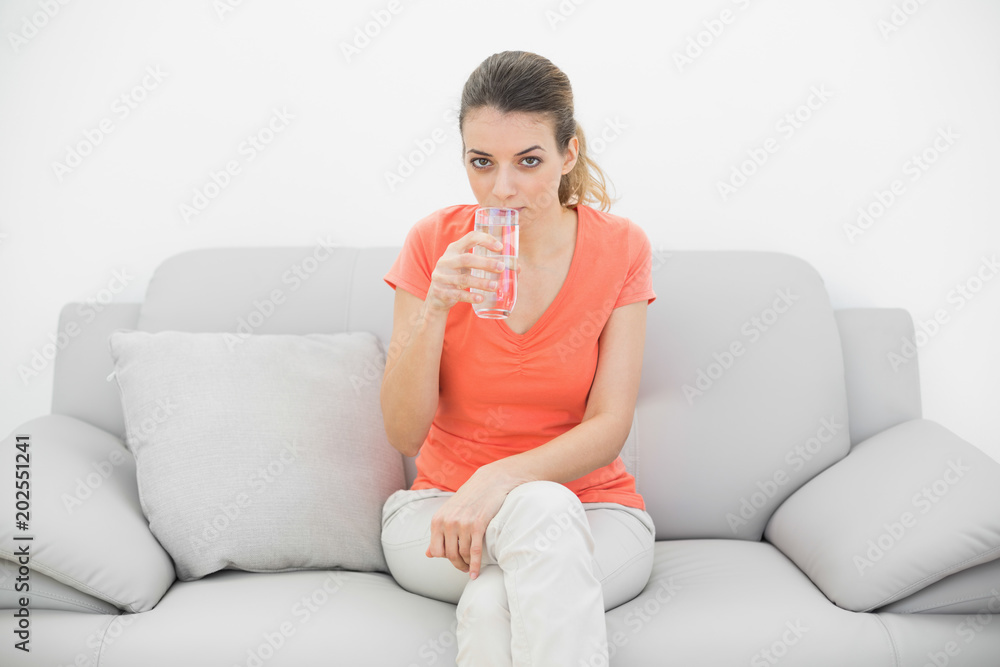 Attractive casual woman drinking a glass of water looking at camera Attractive casual woman drinking a glass of water looking at camera