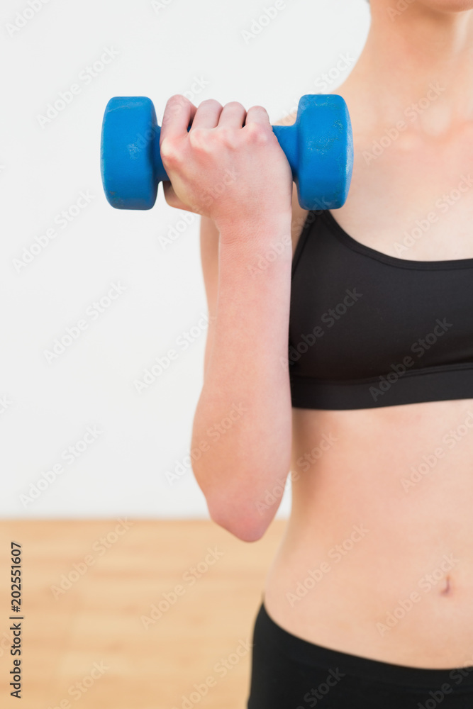 Mid section of a young woman exercising with dumbbell Mid section of a young woman exercising with dumbbell
