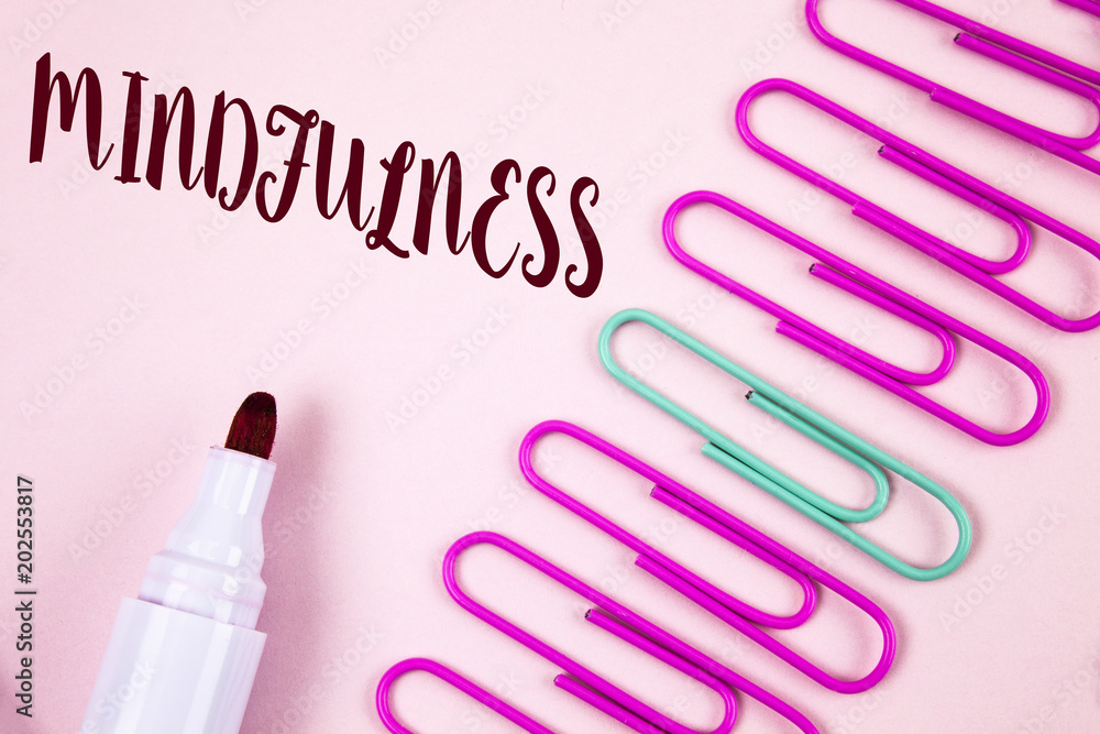 Writing note showing Mindfulness. Business photo showcasing Being Conscious Awareness Calm Accept thoughts and feelings written on Plain Pink background Marker and Paper Pins next to it. Writing note showing Mindfulness. Business photo showcasing Being Conscious Awareness Calm Accept thoughts and feelings written on Plain Pink background Marker and Paper Pins next to it.
