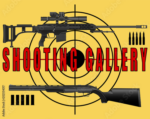 poster, banner shooting range, a sniper rifle and a rifle target on a yellow background