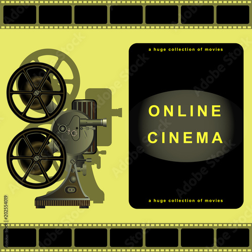 Online cinema, film projector, film, movie library.  Page design for sites, online movies.