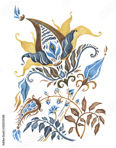 Fototapeta Naklejka Na Ścianę i Meble -  Abstract Flower. Hand Drawn Floral Pattern. Watercolor illustration, vintage style