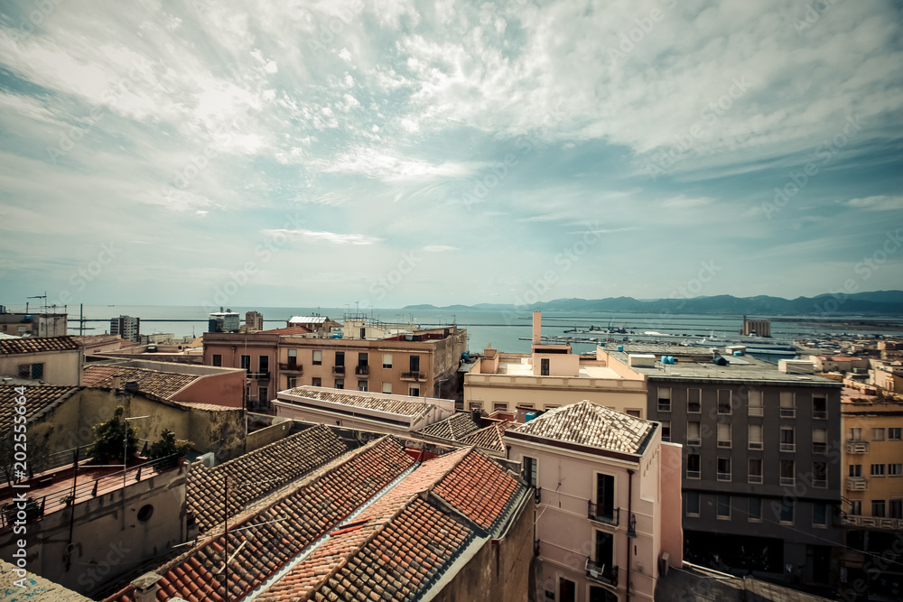 Italy Cagliari city, historical center houses and parks, europe vacations, summer landmarks buildings and trees