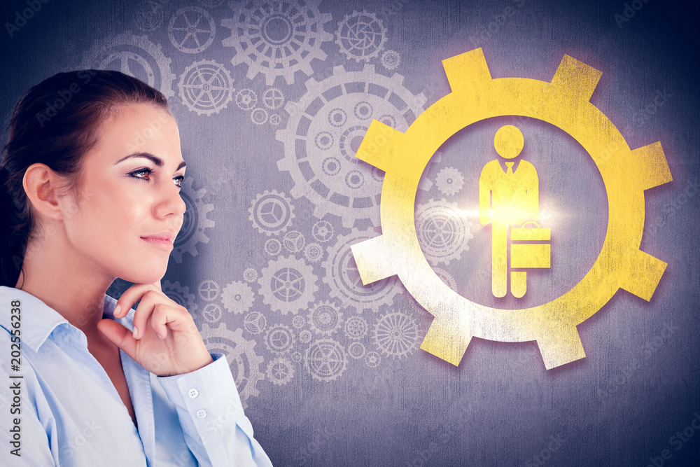 Side view of thinking businesswoman against white and grey background Side view of thinking businesswoman against white and grey background