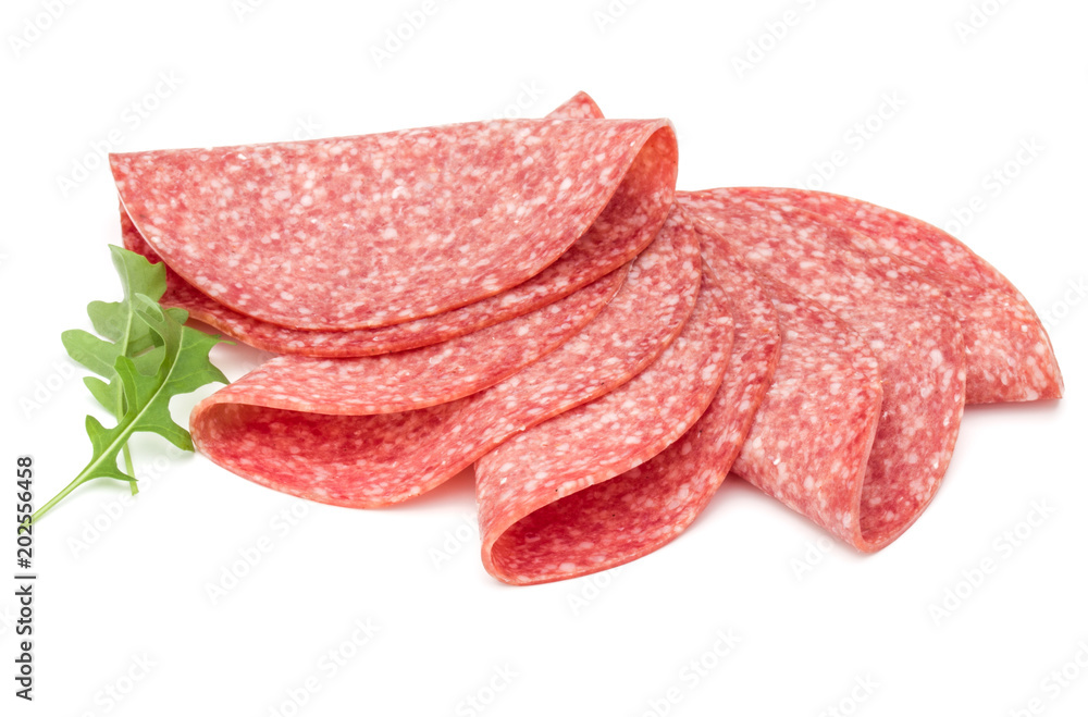 Salami smoked sausage slices isolated on white background Salami smoked sausage slices isolated on white background