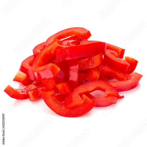 Fototapete Red sweet bell pepper sliced strips isolated on white background cutout