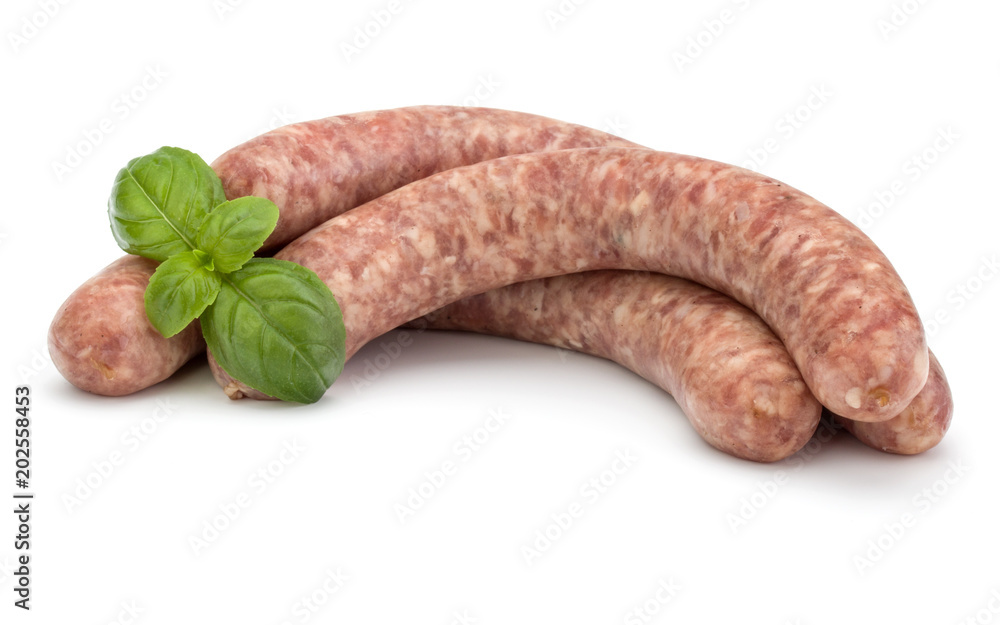 Raw sausage with basil leaf isolated on white background Raw sausage with basil leaf isolated on white background