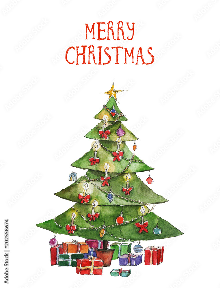 Watercolor Christmas illustration with Christmas tree and presents. Christmas cards. Winter design. Merry Christmas! Watercolor Christmas illustration with Christmas tree and presents. Christmas cards. Winter design. Merry Christmas!