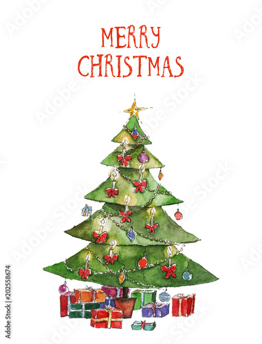 Watercolor Christmas illustration with Christmas tree and presents. Christmas cards. Winter design. Merry Christmas 