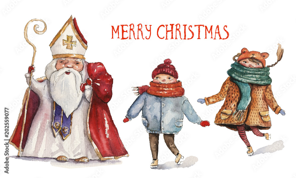 Watercolor Christmas illustration with St. Nicholas and two children. Christmas cards. Winter design. Merry Christmas!