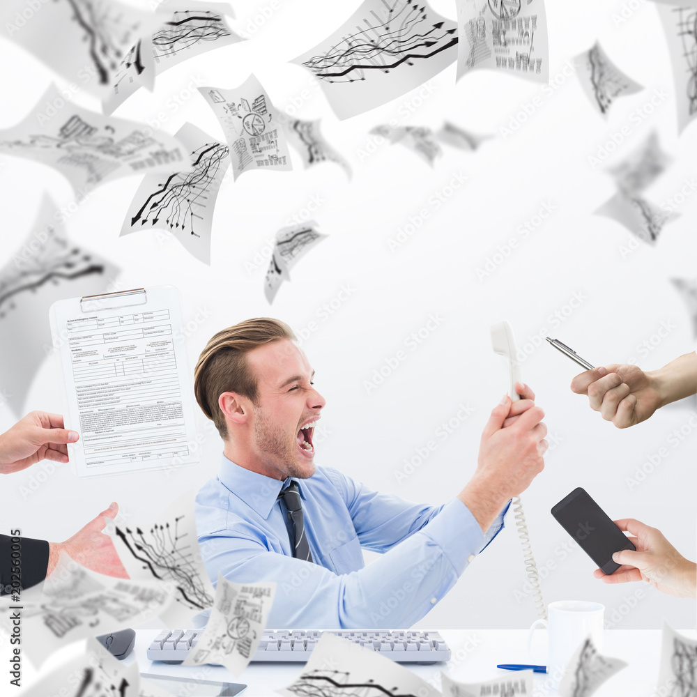 Φωτογραφία Businessman in suit offering his hand against pages flying