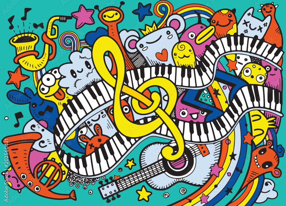 Abstract Music Background ,Collage with musical instruments.Hand drawing Doodle,vector illustration.