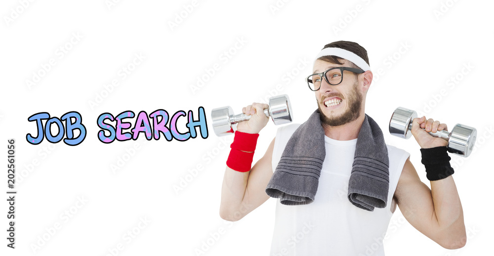 Geeky hipster lifting dumbbells in sportswear against job search Geeky hipster lifting dumbbells in sportswear against job search