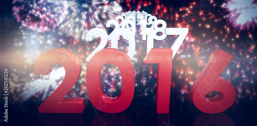 2016 graphic against colourful fireworks exploding on black background