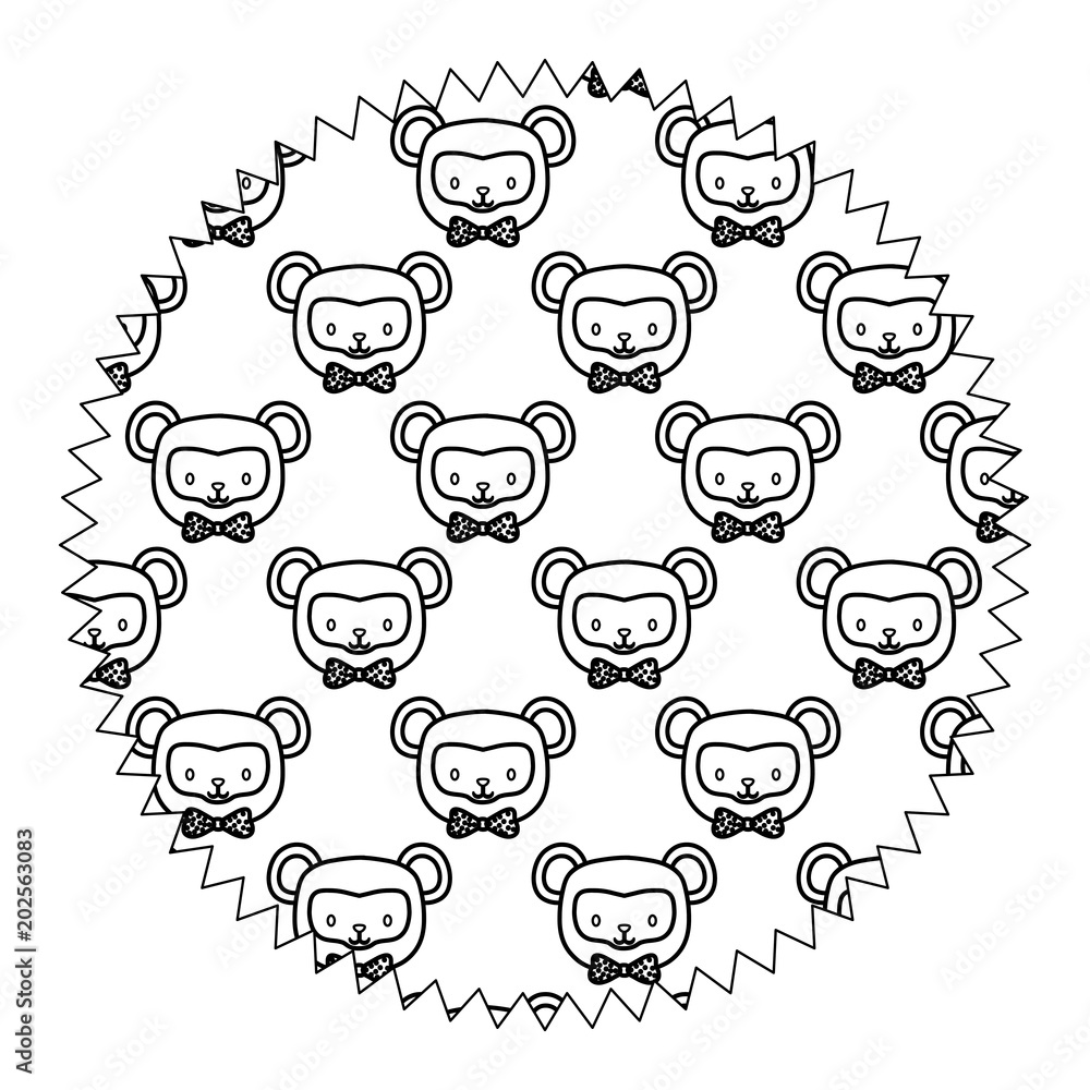 decorative circular frame with cute monkeys over white background, black and white deign. vector illustration