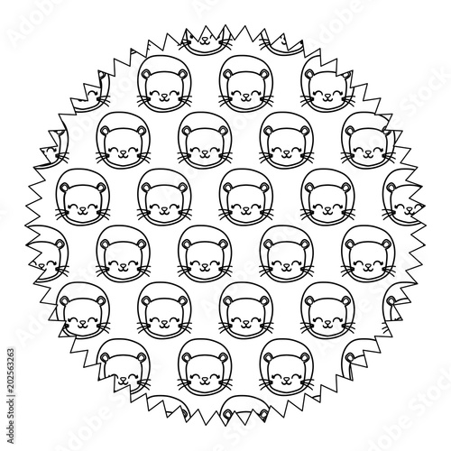 decorative circular frame with cute lions over white background, vector illustration