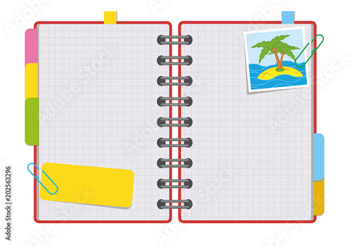 Open notepad with clean sheets on a spiral with bookmarks between the pages. With a photo of the beach. Colorful flat vector illustration isolated on white background. With space for text or image.