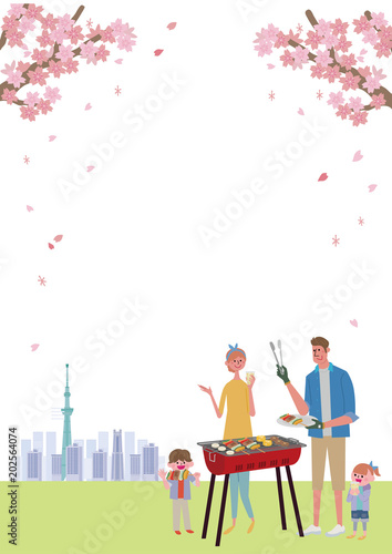 バーベキュー　桜　イラスト　家族

