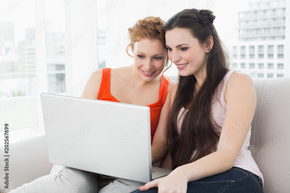 Female friends using laptop together at home Female friends using laptop together at home