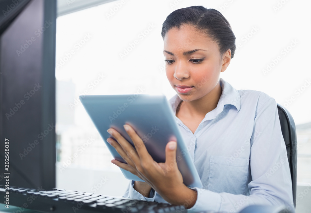 Concentrated young dark haired businesswoman using a tablet pc Concentrated young dark haired businesswoman using a tablet pc
