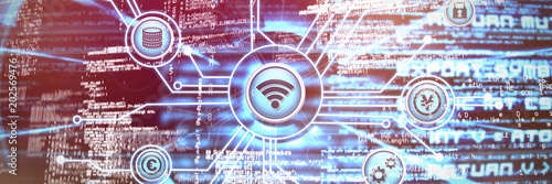 Vector sign of wifi with connecting lines against abstract blue text