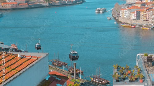 Porto city and Douro River, cable car, view from Vila Nova de Gaia, Portugal.