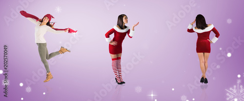 Composite image of different pretty girls in santa outfit against purple vignette