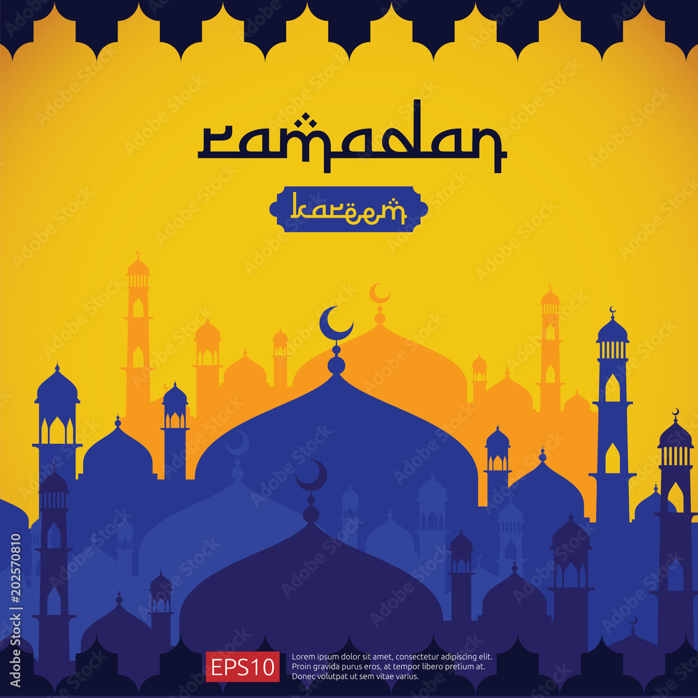 Ramadan Kareem islamic greeting design with dome mosque element in flat style. background Vector illustration.
