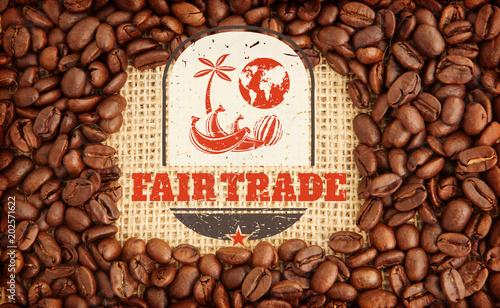 Fair Trade graphic against coffee beans with rectangular indent for copy space