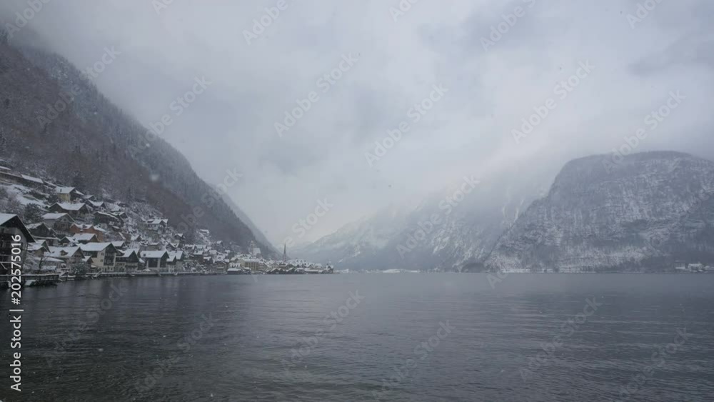 Winter landscape of Hallstatt Lake and mountains Winter landscape of Hallstatt Lake and mountains