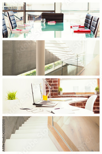 Empty Corporate Meeting Room  against white staircase in a modern home photo