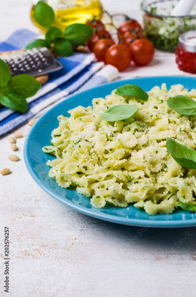 Traditional Italian pasta with pesto Traditional Italian pasta with pesto