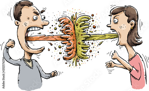 A cartoon couple engages in a domestic dispute by vomiting at one another.