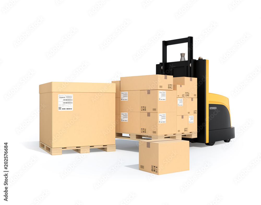 Stack of brown cardboard boxes on wooden pallet, self-driving forklift isolated on white background. 3D rendering image. Stack of brown cardboard boxes on wooden pallet, self-driving forklift isolated on white background. 3D rendering image.