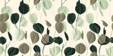 Seamless pattern, vintage green and brown silver dollar eucalyptus leaves with flowers on light brown background